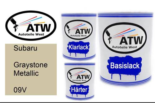 Subaru, Graystone Metallic, 09V: 1L Lackdose + 1L Klarlack + 500ml Härter - Set, von ATW Autoteile West.